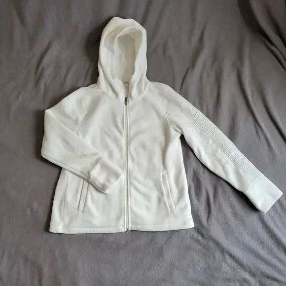 CALVIN KLEIN PERFORMANCE Fleece Jacket Womens Large White Embroidered Zip Hoodie - Picture 3 of 15